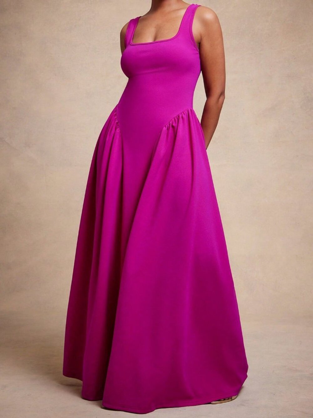 Red Violet Elegant Women's Knit Crepe Square Neck Drop Waist Maxi Dress